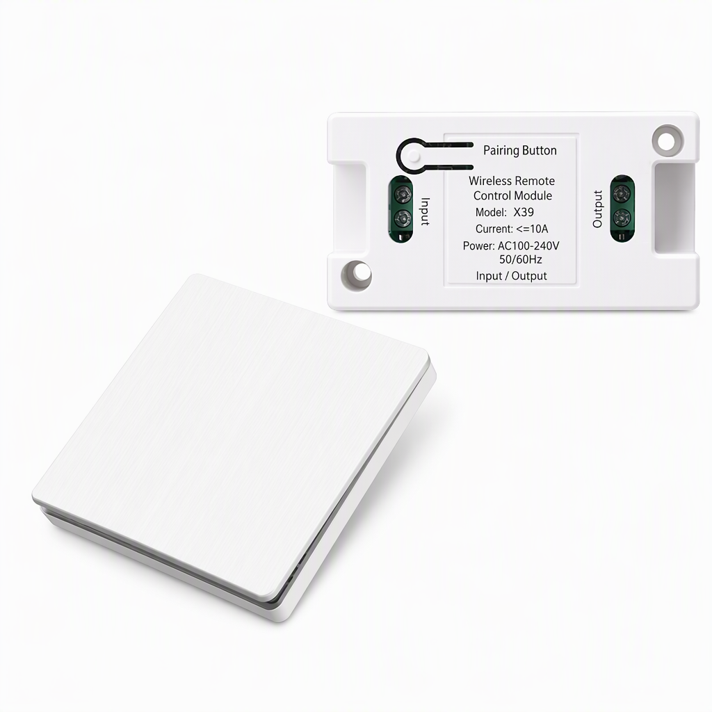 Wireless radio light switch set without wiring with self-adhesive wall switch and receiver