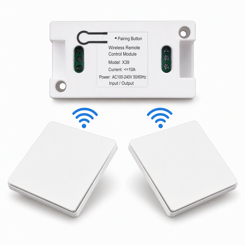Wireless radio light switch set without wiring with self-adhesive wall switch and receiver