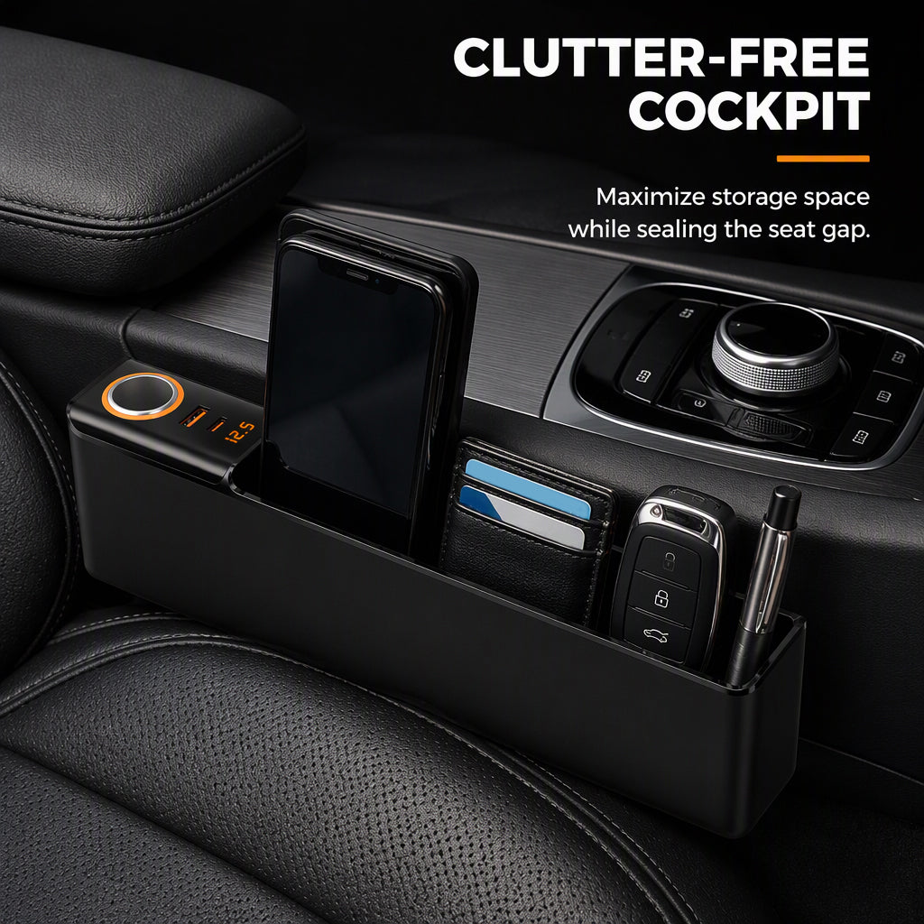 🥳2026 HOT SALE🥳💞50K+ SOLD! 🚗🔌 50% OFF! Car Seat Gap Organizer with USB Charging – fills the gap, PD/QC fast charging, keeps phone, cards & keys within reach. Tidy cockpit! 🛡️✅