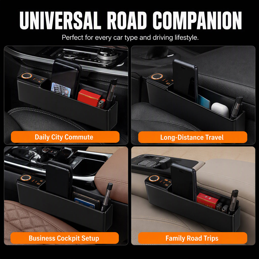 🥳2026 HOT SALE🥳💞50K+ SOLD! 🚗🔌 50% OFF! Car Seat Gap Organizer with USB Charging – fills the gap, PD/QC fast charging, keeps phone, cards & keys within reach. Tidy cockpit! 🛡️✅
