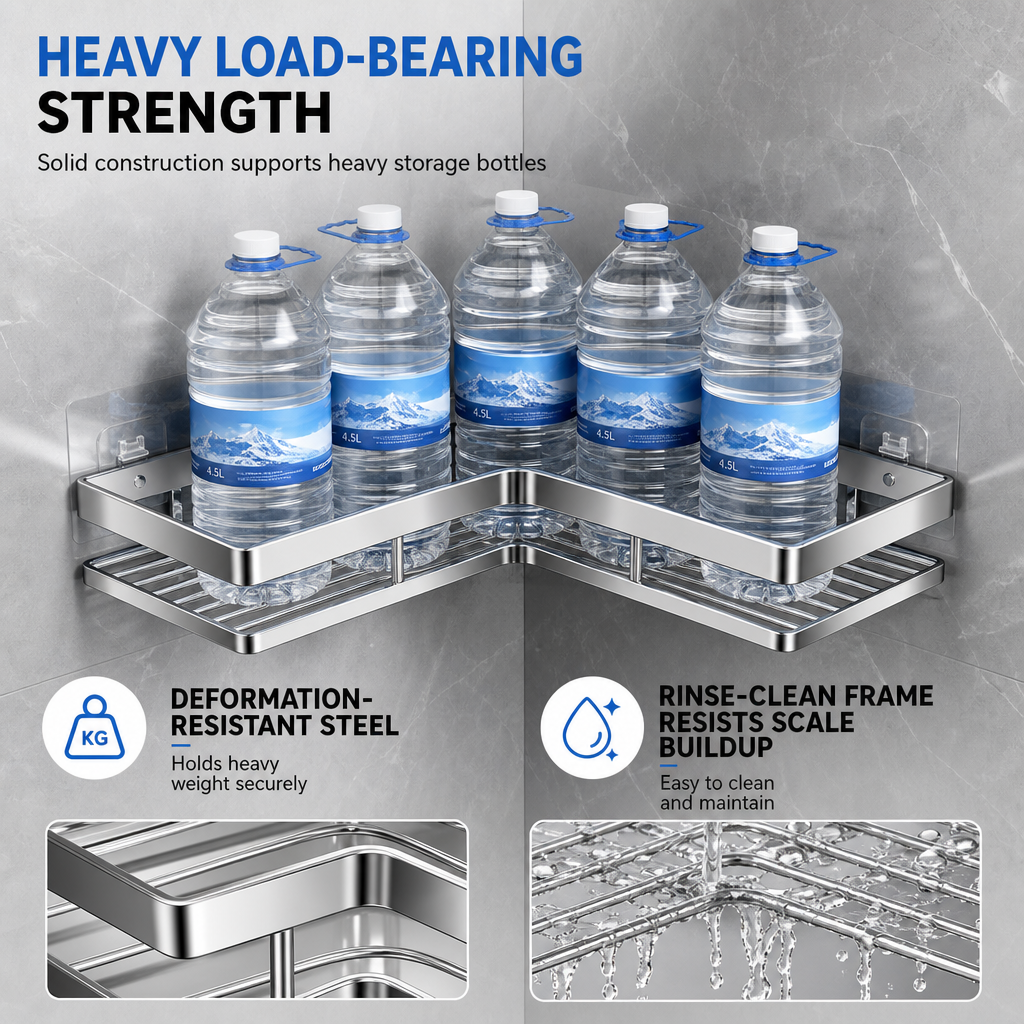 No Drill Bathroom Corner Shelf with 8mm Thickened Flat Bar Triangular Shower Organizer Rack