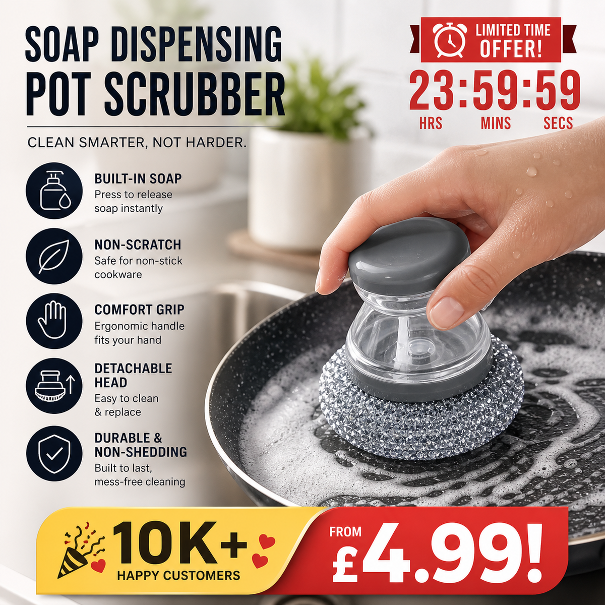 🥳HOT SALE🥳💞10K+ SOLD! Scrubber Brush! Built-in soap, non-scratch & ergonomic. Clean pots easily – grab yours! ✅