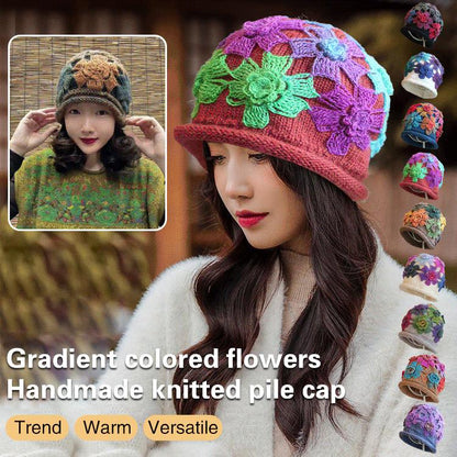 Gradient Colored Flower Handmade Knitted Pile Hat