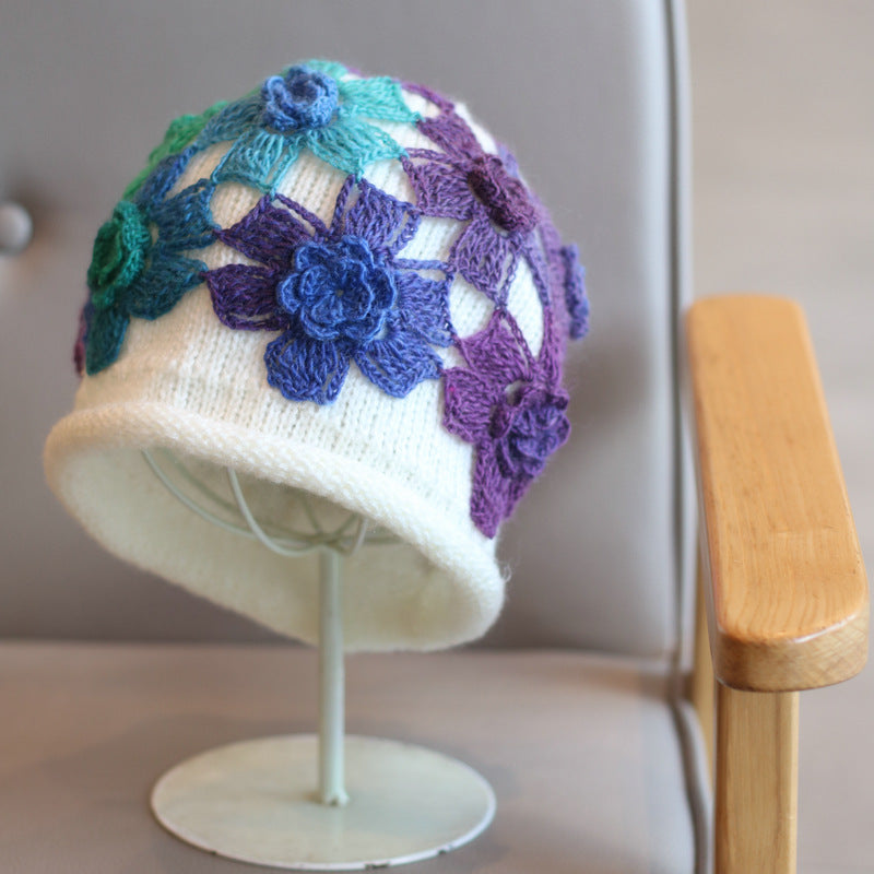 Gradient Colored Flower Handmade Knitted Pile Hat