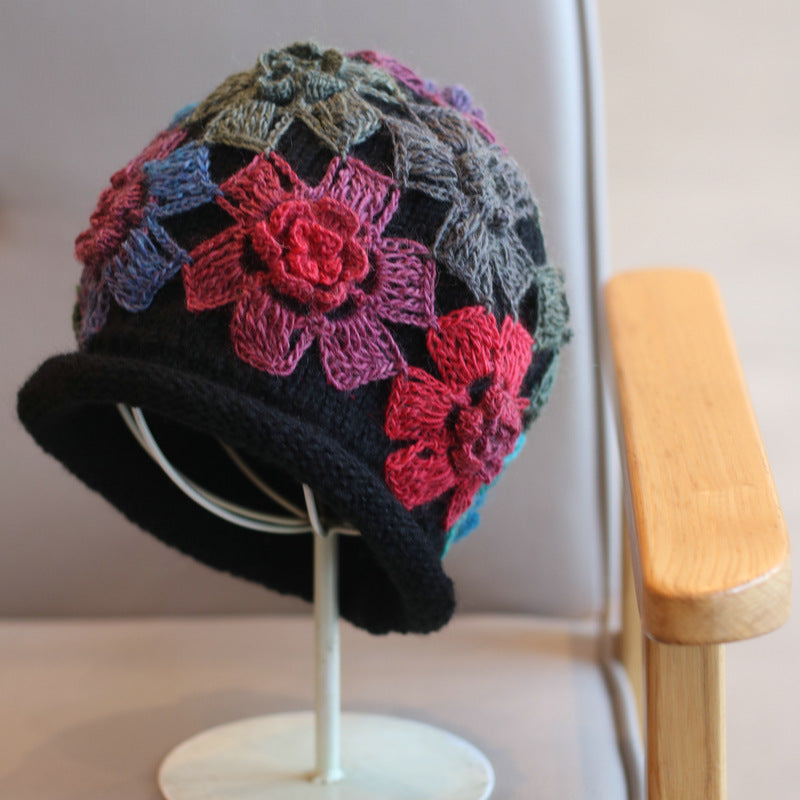 Gradient Colored Flower Handmade Knitted Pile Hat