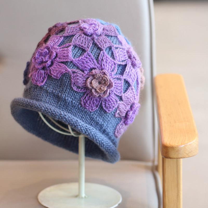 Gradient Colored Flower Handmade Knitted Pile Hat