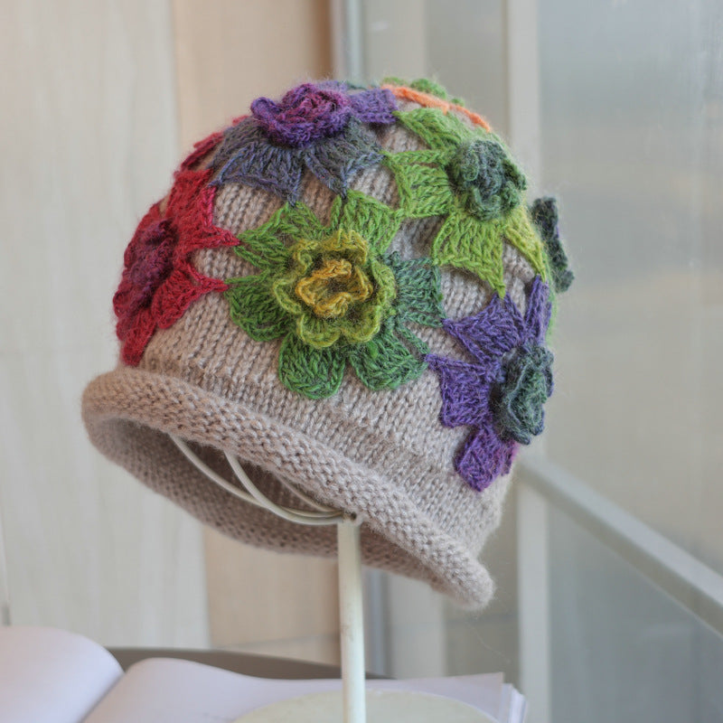 Gradient Colored Flower Handmade Knitted Pile Hat