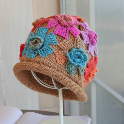 Gradient Colored Flower Handmade Knitted Pile Hat