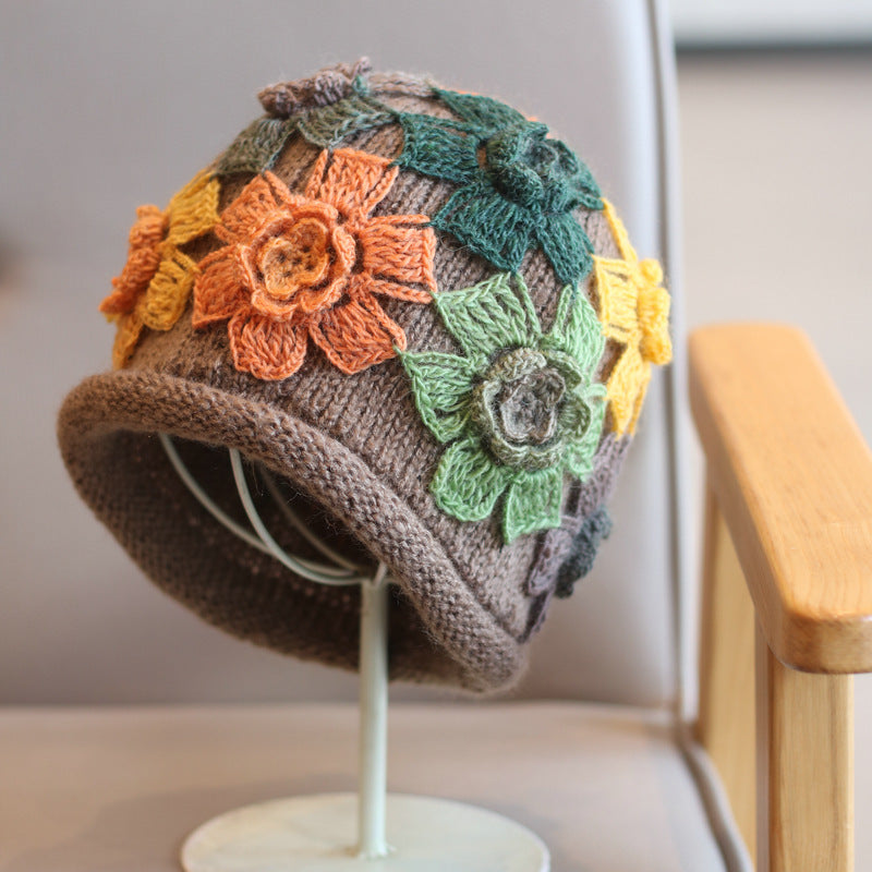 Gradient Colored Flower Handmade Knitted Pile Hat