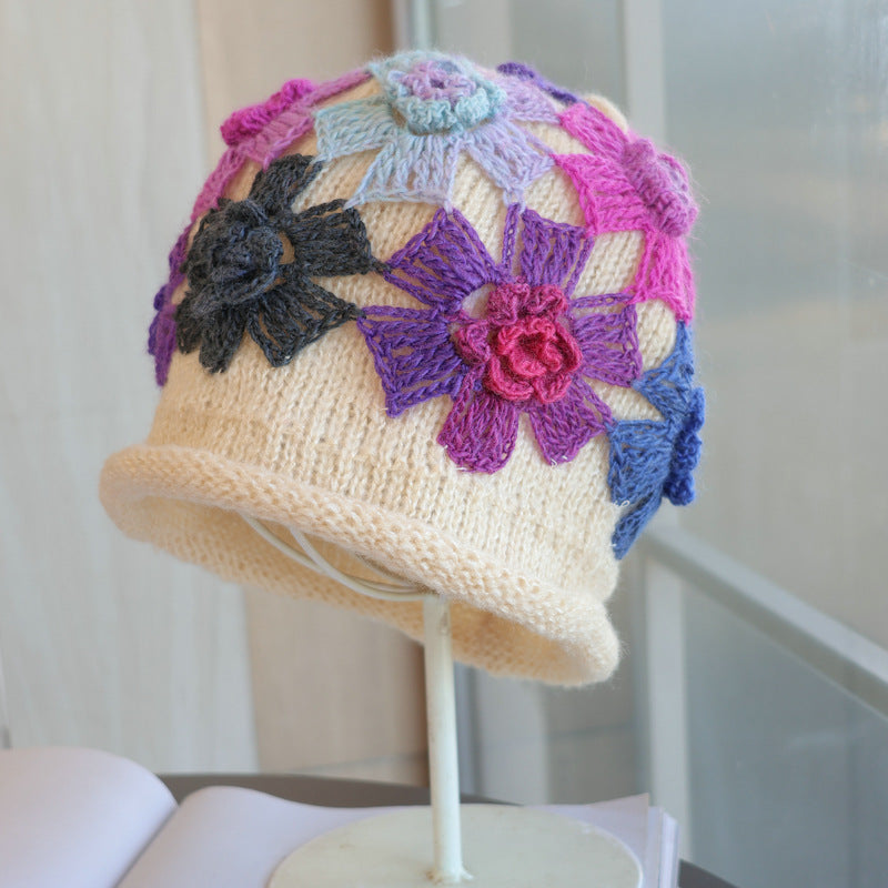 Gradient Colored Flower Handmade Knitted Pile Hat